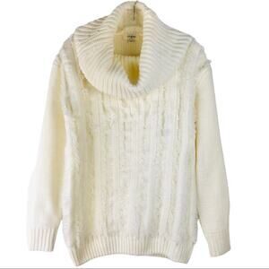Umgee cream fringe boho ribbed cowl neck sweater small
